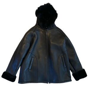 Knoles & Carter Italian Lambskin Leather Coat Black Shearling Fur Hooded Sz 4XL